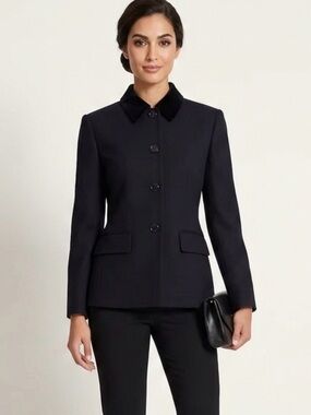 Lauren Ralph Lauren 100% Wool Blazer 6 Black Career Velvet Collar Logo Buttons
